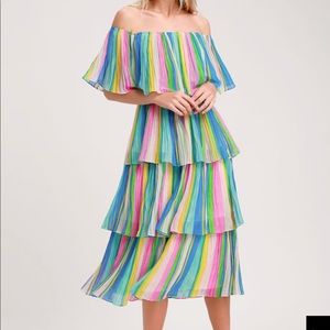 Lulus Multi-stripe ruffle midi dress
